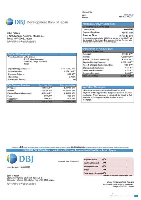 Download Japan Development Bank of Japan (DBJ) mortgage statement Word and PDF template Photoshop template